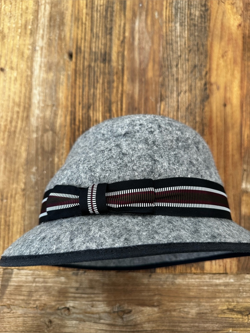 Classic Gray Wool Felt Cloche Hat with Striped Band